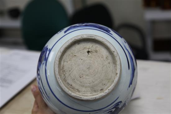 A Chinese blue and white censer, Transitional period, c.1640, 21.5cm., cracks to base, rim chip